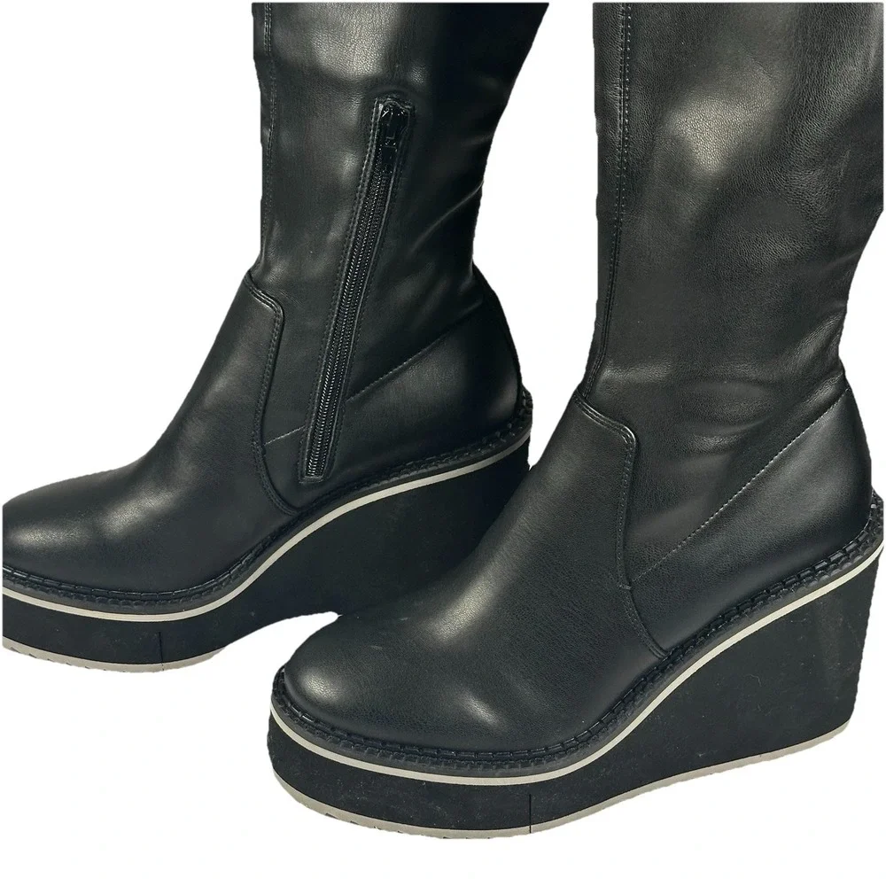 Naked Feet Apex Wedge Knee-high Boots Black‎ Faux Leather Size 9 Women's EUC